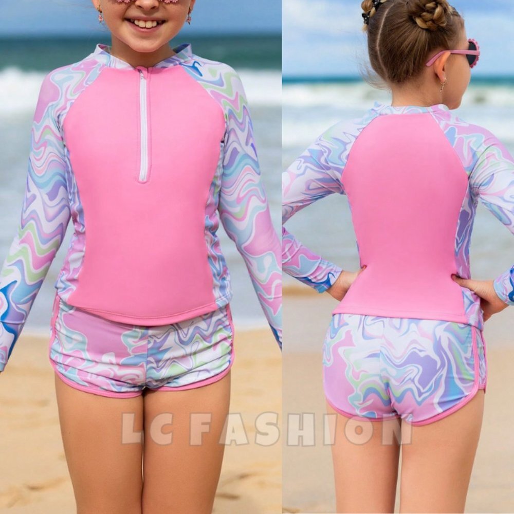 Girls swimsuit,Boho floral Tween Girl Wave Striped Zipper Front Tankini Swimwear